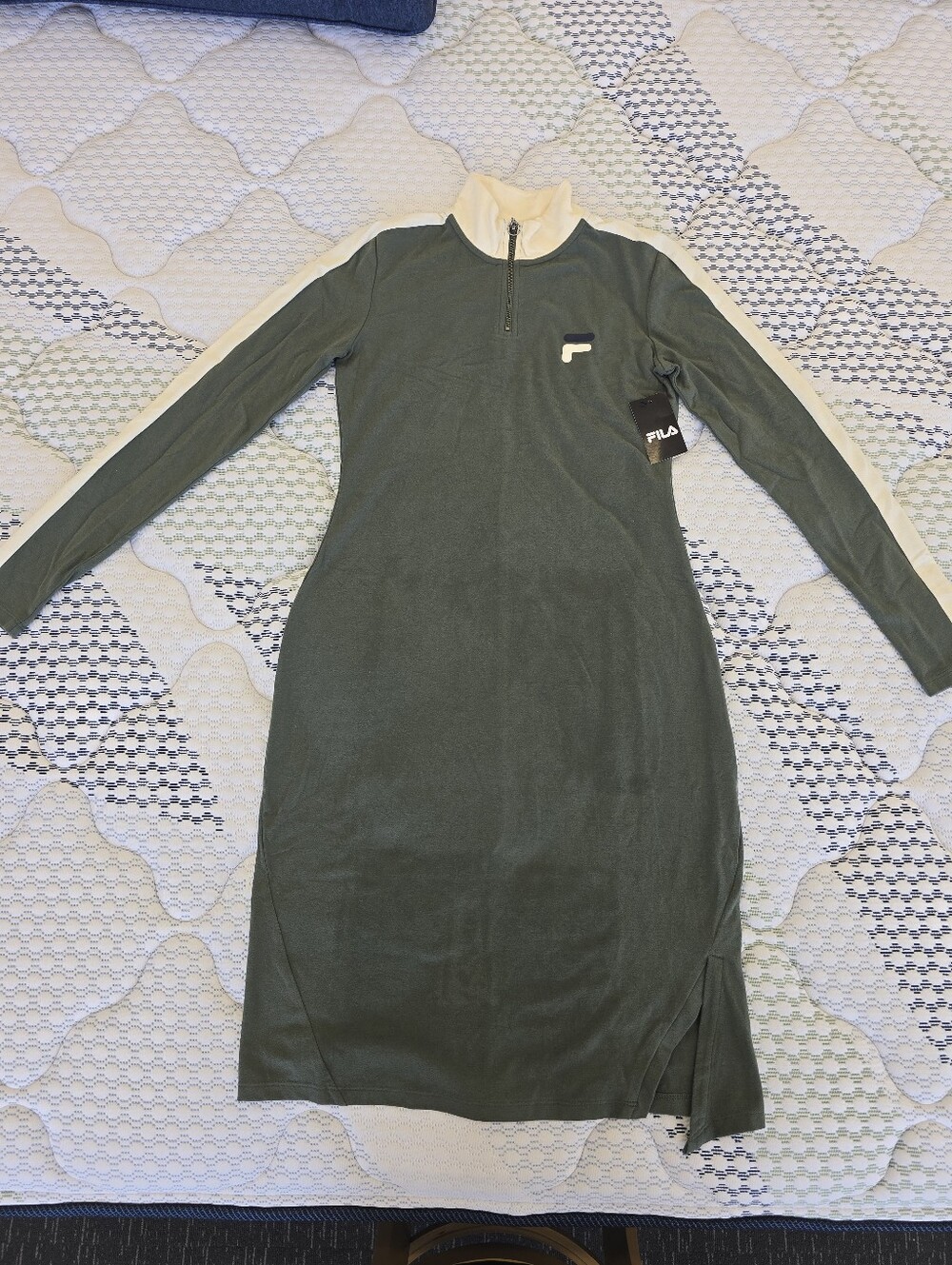 Fila Women's Olive Green Long Sleeve Bodycon Dress w Cream Trim - Size Medium